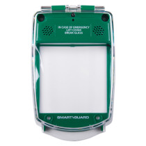Green smart+guard call point cover flush mounted shown from the front with clear hinged protective flap and text on cover