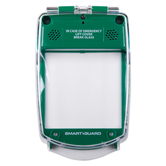 Green smart+guard call point cover flush mounted shown from the front with clear hinged protective flap and text on cover