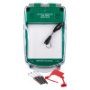 smart+guard call point cover green flush mounted with sounder shown with key ring, screws, and red plastic parts against white background