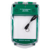 front view of smart+guard call point cover green flush mounted with sounder showing clear outer casing and internal strap