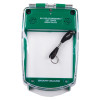 smart+guard call point cover green flush mounted with sounder waterproof front view showing open cover and lanyard