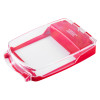 angled view of a red smart+guard call point cover with clear top and flush mounted waterproof design