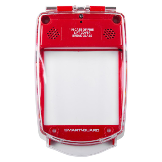 Front view of a smart+guard call point cover in red, flush mounted and waterproof design