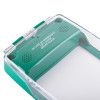 Closeup of smart+guard call point cover in green with transparent waterproof flush mounted case showing text and details