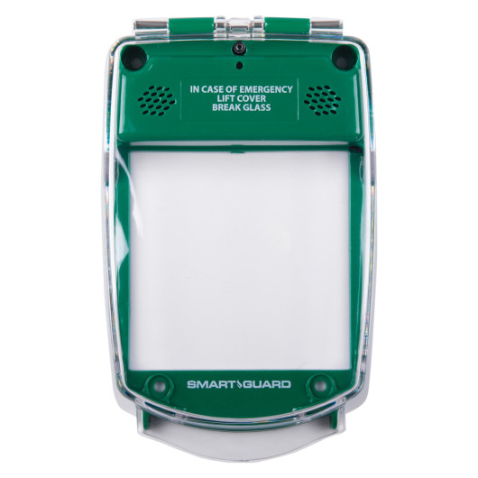 green smart+guard call point cover shown from the front with clear protective window and waterproof design