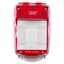 Front view of smart+guard call point cover in red surface mounted design with clear protective panel