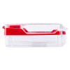 side view of smart+guard call point cover red surface mounted showing its clear and red plastic design