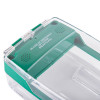 Closeup of smart+guard call point cover green surface mounted showing clear protective case and green inner panel with text