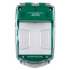 Front view of the smart+guard call point cover in green with transparent protective flap and emergency instructions visible