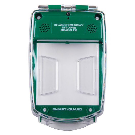 Front view of the smart+guard call point cover in green with transparent protective flap and emergency instructions visible