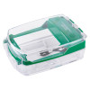 angled view of the smart+guard call point cover in green with a clear plastic surface mounted design and sounder visible