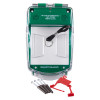 smart+guard call point cover green surface mounted with sounder showing the cover and included fixing accessories
