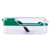 Side view of smart+guard call point cover green surface mounted with sounder showing clear casing and green top section
