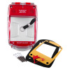 Red smart+guard call point cover with sounder and waterproof seal shown with mounting accessories on a white background