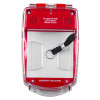smart+guard call point cover red surface mounted with sounder waterproof shown from the front with clear break glass and black pull strap