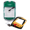 Green smart+guard call point cover with sounder shown with a keyring strap screws and mounting parts on a white background