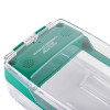 Closeup of smart+guard call point cover green surface mounted waterproof with clear protective casing and text instructions