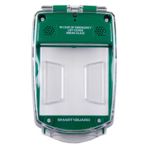 front view of smart+guard call point cover in green showing waterproof surface mounted design with clear protective flap