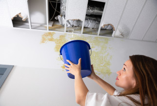 Woman holding a blue bucket to catch water leaking from a damaged ceiling for Water Leak And Detection Help Guides