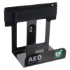 angled view of a black ipad wall mounted bracket with a strap across the top and a flat base panel