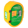 DefibSafe2 Defibrillator Cabinet angled view showing yellow casing with green front panel and combination lock