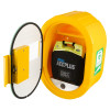 A yellow wall‑mounted cabinet with an open transparent door holding a black ZOLL AED Plus case with a carry handle. A green and white defibrillator sticker is displayed on the cabinet side.