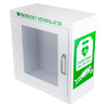 White wall cabinet with transparent door and green “Emergency Defibrillator” label; side panel shows heart‑and‑pulse icon and “Defibrillator Heart Restarter” text.