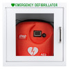 Wall‑mounted emergency defibrillator cabinet containing a orange IPAD AED case with heart‑and‑lightning symbol.