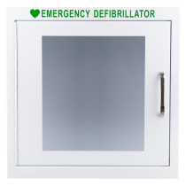 Emergency defibrillator cabinet — White wall‑mounted cabinet with a metal handle and a frosted front panel, labelled “Emergency Defibrillator” in green text.