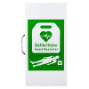 Green and white defibrillator sign showing a heart with an ECG line, the words “Defibrillator Heart Restarter,” and a simple figure lying down.