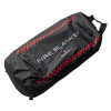 angled view of a bridgehill single use car fire blanket bag in black with red checkered border and two handles