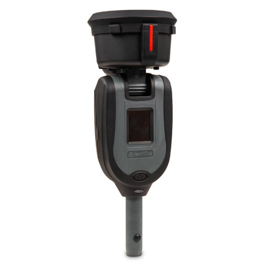 Front angled view of the testifire xtr2 all in one smoke heat detector tester showing its screen and control button