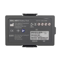 a grey rectangular plastic battery with white writing stating zoll aed 3 battery pack and showing the ce mark, serial numbers, manufacture date and address and safe disposal icon 
