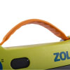 The orange carry handle on a bright green defibrillator