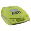 A bright yellow defibrillator with the letters 