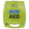 A bright yellow defibrillator with the letters 