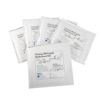 a set of 5 white square packages each containing a set of replacement gel pads for the training cpr-d-padz from zoll 