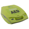 A bright yellow defibrillator with the letters 
