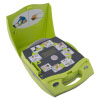 A bright yellow defibrillator with the lid open