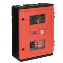 Double rotationally moulded fire extinguisher cabinet with key lock