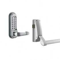 Briton 378 single door panic bar with latch and mechanical code lock outside access device