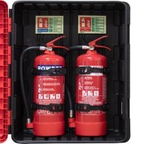 Fire Extinguishers in Red Cabinet on Red Stand