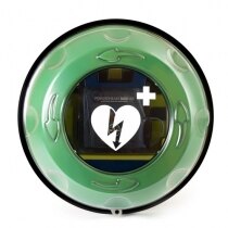 The Rotaid Plus defibrillator cabinet has a circular vision panel