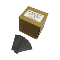 Box of 300 intumescent hinge pads with squared corners, with pads on a sample hinge (not included)