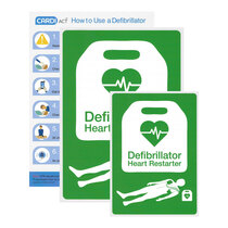 Durable, wipe-clean wall signs for identifying the AED's location and guiding laypersons on how to rescue a patient