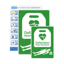 Includes signs to locate the AED in an emergency and provide step-by-step rescue guidance