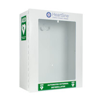 Includes a wall mounted indoor cabinet with clear vision panel, either HeartSine or CardiACT branded