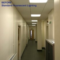 BEFORE: an office corridor with fluorescent lighting installed