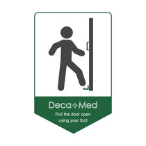 Free door sticker to inform users about the DecaMed door opener and explain how to use it