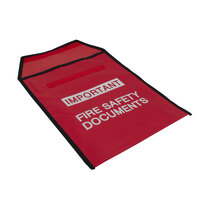 Red fire safety pouch with 'Important - Fire Safety Documents' text